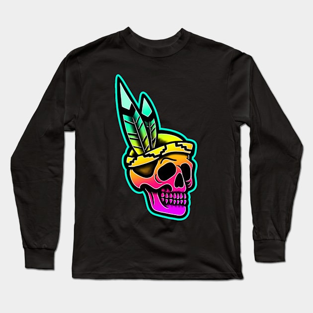 colorful native american skull Long Sleeve T-Shirt by Squatchyink